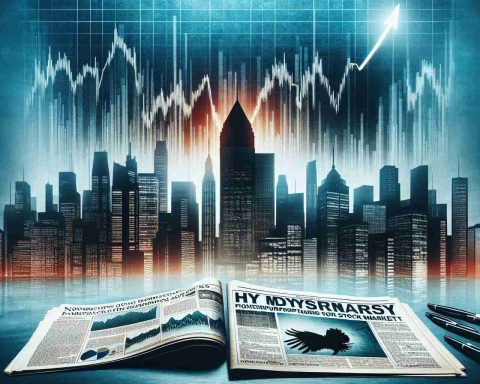 Create a realistic HD image that suggests a mystery around a nameless, nondescript company potentially outperforming the stock market. Include elements such as, stock market graphs soaring upwards, financial newspapers with sensational headlines, and a silhouette of a corporate building against a city skyline. The mood should be intriguing and suspenseful, without revealing the identity of the actual company.