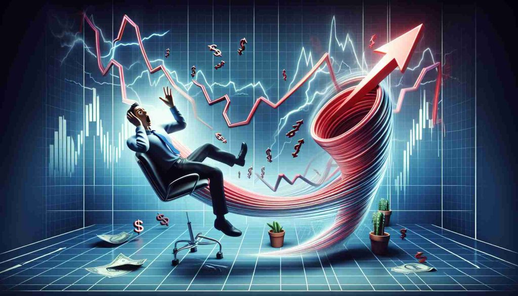 Realistic HD depiction of an unexpected twist in the stock market: an unseen storyline of stock movement taking a surprising turn. This image should resonate the thrill and unpredictability of stock trading. There is no need to include actual numerical data or specific stock names, but the graph should be designed in a way that it communicates dramatic change, suspense, and elements of surprise.