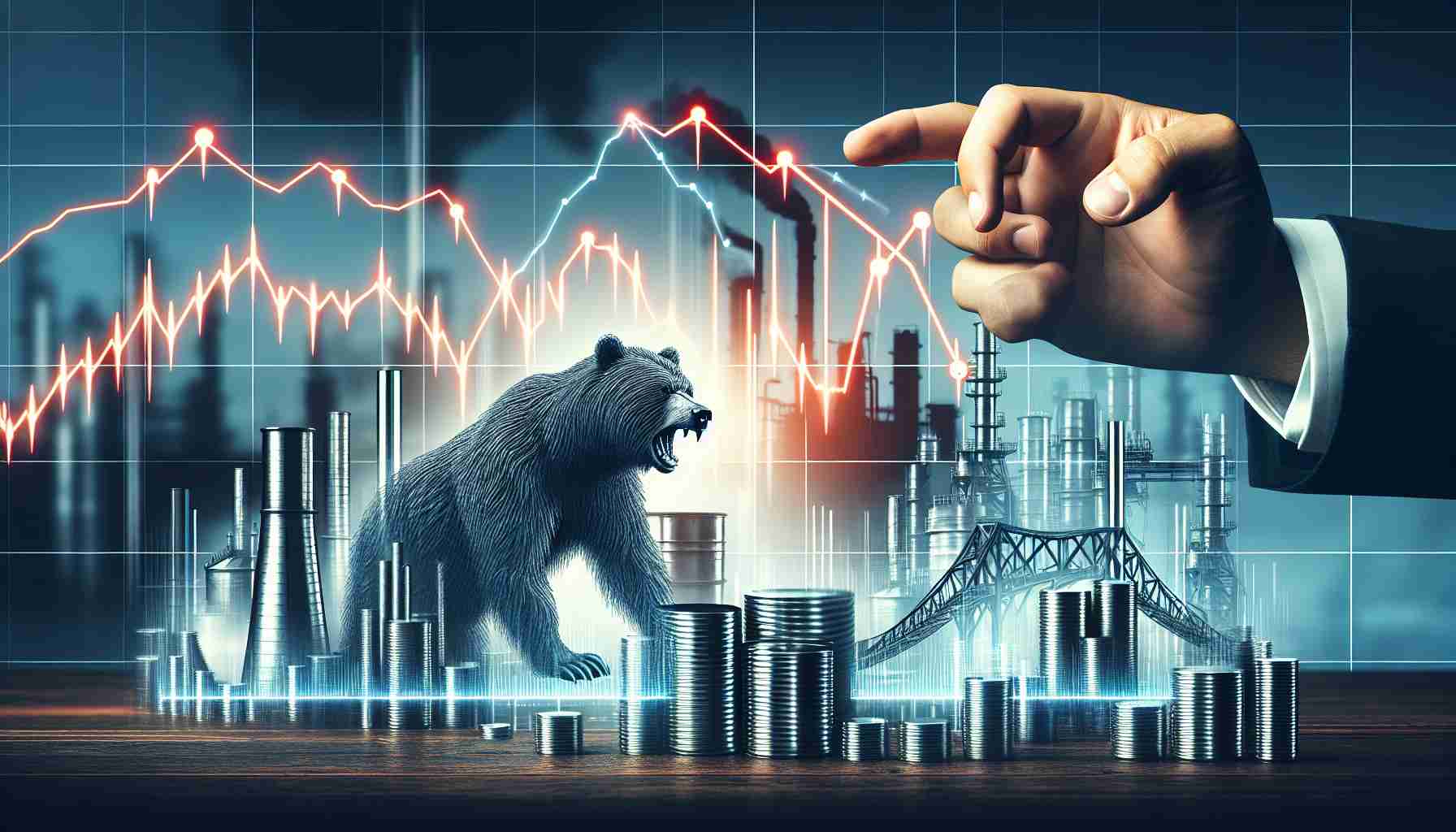 A high-definition, visual metaphoric representation of the concept 'Why is the Steel Exchange Stock Falling?' Picture a graph chart showing a sharp decline in the values, with steel represented in the background. In the foreground, there should be symbolic figures like a bear, symbolizing the bear market, and perhaps fading images of steel factories to denote the decline in steel production. Please include a realistic style in the image.