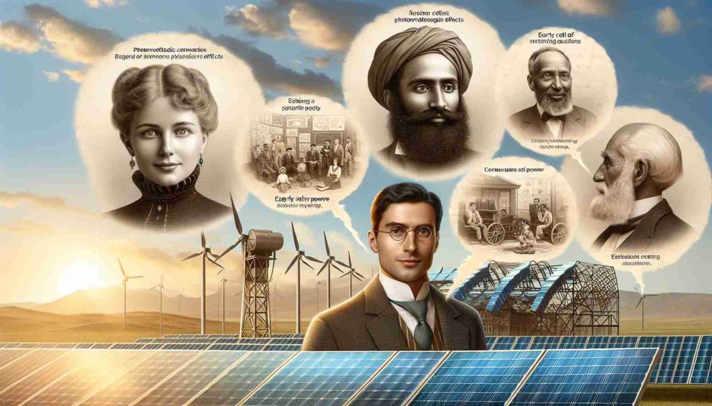 An image representing the pioneers behind the technology of solar power. The scene should depict a realistic, high-definition photograph of a solar panel against a sunny sky, foregrounding the innovation. There are text bubbles showing the contributions of early scientists and inventors - a female Caucasian physicist discussing photovoltaic effects, a male Middle-Eastern engineer explaining solar cell configuration, and a male African scientist displaying early designs of concentrated solar power systems. The history unfolds through their discussions, providing a visual journey through the development of solar energy.