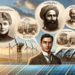 An image representing the pioneers behind the technology of solar power. The scene should depict a realistic, high-definition photograph of a solar panel against a sunny sky, foregrounding the innovation. There are text bubbles showing the contributions of early scientists and inventors - a female Caucasian physicist discussing photovoltaic effects, a male Middle-Eastern engineer explaining solar cell configuration, and a male African scientist displaying early designs of concentrated solar power systems. The history unfolds through their discussions, providing a visual journey through the development of solar energy.