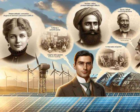 An image representing the pioneers behind the technology of solar power. The scene should depict a realistic, high-definition photograph of a solar panel against a sunny sky, foregrounding the innovation. There are text bubbles showing the contributions of early scientists and inventors - a female Caucasian physicist discussing photovoltaic effects, a male Middle-Eastern engineer explaining solar cell configuration, and a male African scientist displaying early designs of concentrated solar power systems. The history unfolds through their discussions, providing a visual journey through the development of solar energy.