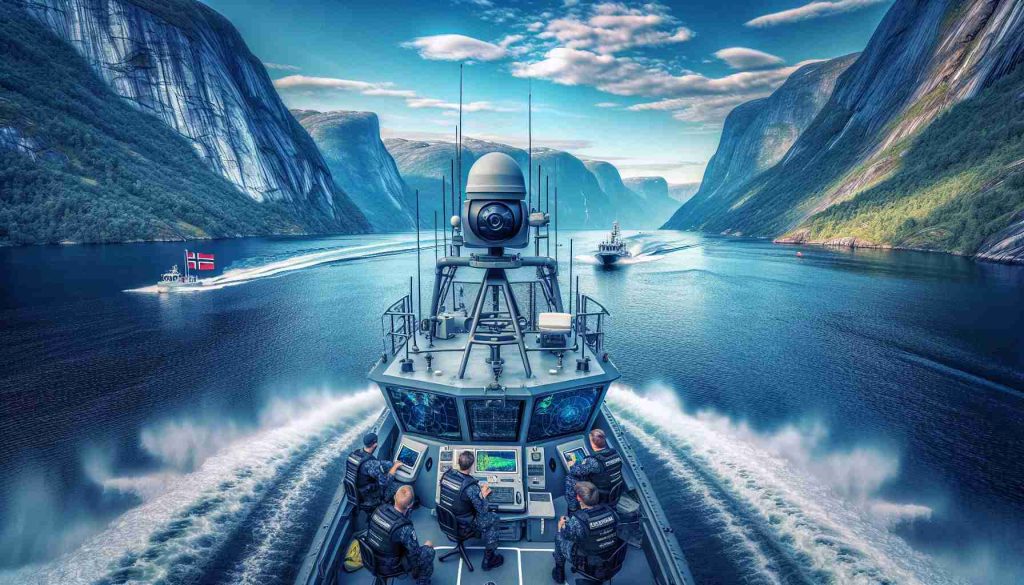 Generate a hyper-realistic, high-definition image of a maritime security scene in Norway. Picture a well-equipped Norwegian maritime patrol speedboat cruising on the stunning blue fjords under a clear sky. The surveillance radar equipment is visibly active, scanning the surrounding waterways, underlining heightened security measures. Various sailors of different descents such as Caucasian, Hispanic, and South Asian can be seen attending to their duties, while the magnificent Norwegian scenic beauty stands as a formidable backdrop.