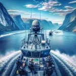 Generate a hyper-realistic, high-definition image of a maritime security scene in Norway. Picture a well-equipped Norwegian maritime patrol speedboat cruising on the stunning blue fjords under a clear sky. The surveillance radar equipment is visibly active, scanning the surrounding waterways, underlining heightened security measures. Various sailors of different descents such as Caucasian, Hispanic, and South Asian can be seen attending to their duties, while the magnificent Norwegian scenic beauty stands as a formidable backdrop.