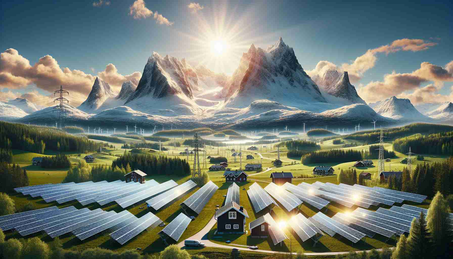 A visually striking and realistic high-definition photograph showcasing a revolutionary solar site, centered in the heart of Sweden's picturesque landscape. The scene encapsulates arrays of solar panels glinting in the brilliant sunlight, contrasted against a backdrop of traditional rural Swedish countryside, characterized by snowy peaks, vibrant green fields, and quaint timber houses. The energy transformation is evident, as the modern solar infrastructure coexists harmoniously within the natural, tranquil environment.