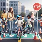 A high-definition, realistic scene featuring road safety instruction with a unique approach for children's electric bikes. The scene includes a diverse group of children eagerly participating in the lesson. The instructor, an enthusiastic South Asian woman, is demonstrating safe riding techniques, while a Middle-Eastern man is helping a young boy adjust his helmet. A Hispanic girl on an electric bike hesitantly approaches a simulated road crossing, there's a Caucasian boy preparing to stop at the stop sign. The scene is designed to be safe yet engaging backdropped by training poles and cones outlining a makeshift road.