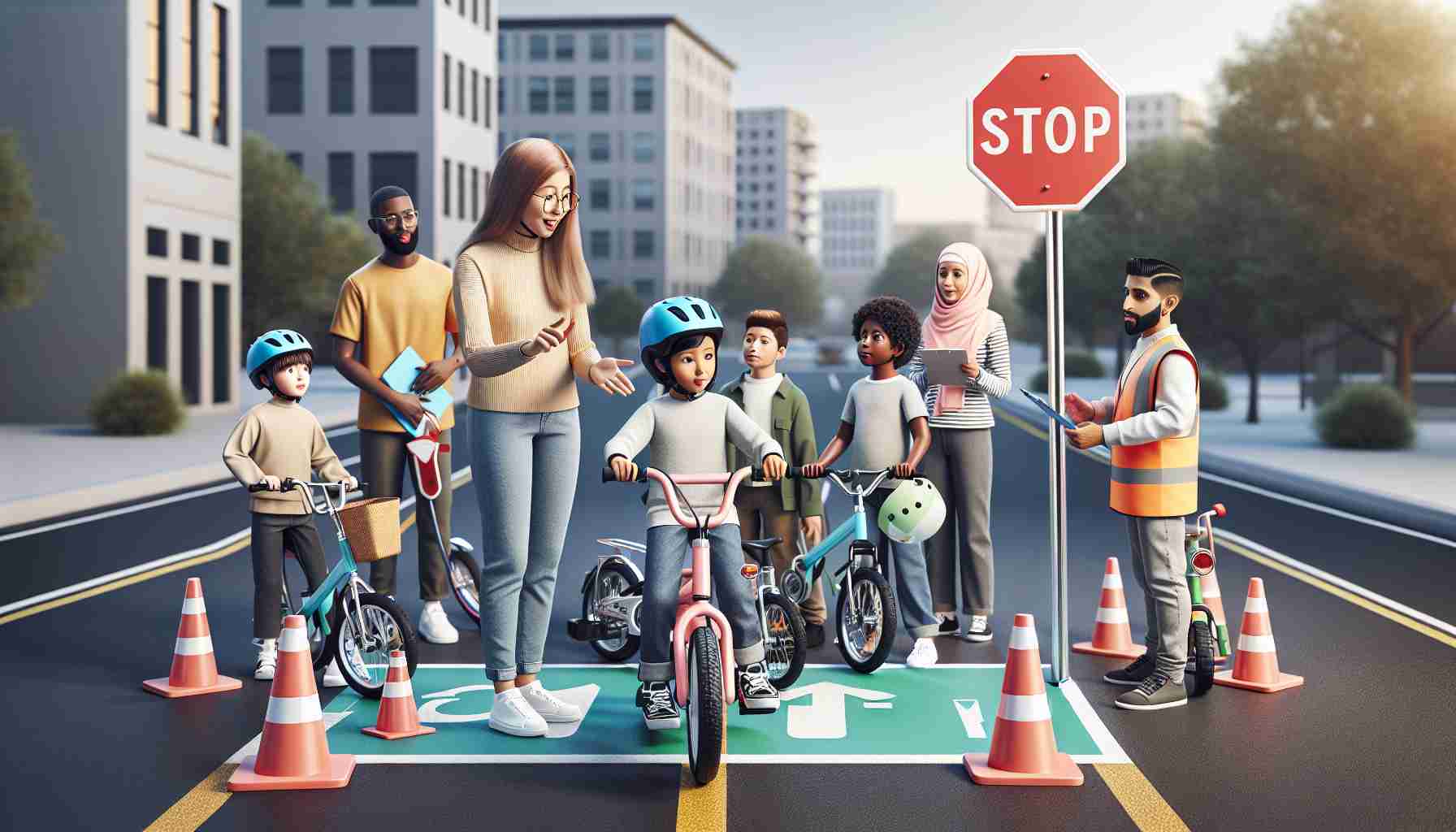 A high-definition, realistic scene featuring road safety instruction with a unique approach for children's electric bikes. The scene includes a diverse group of children eagerly participating in the lesson. The instructor, an enthusiastic South Asian woman, is demonstrating safe riding techniques, while a Middle-Eastern man is helping a young boy adjust his helmet. A Hispanic girl on an electric bike hesitantly approaches a simulated road crossing, there's a Caucasian boy preparing to stop at the stop sign. The scene is designed to be safe yet engaging backdropped by training poles and cones outlining a makeshift road.