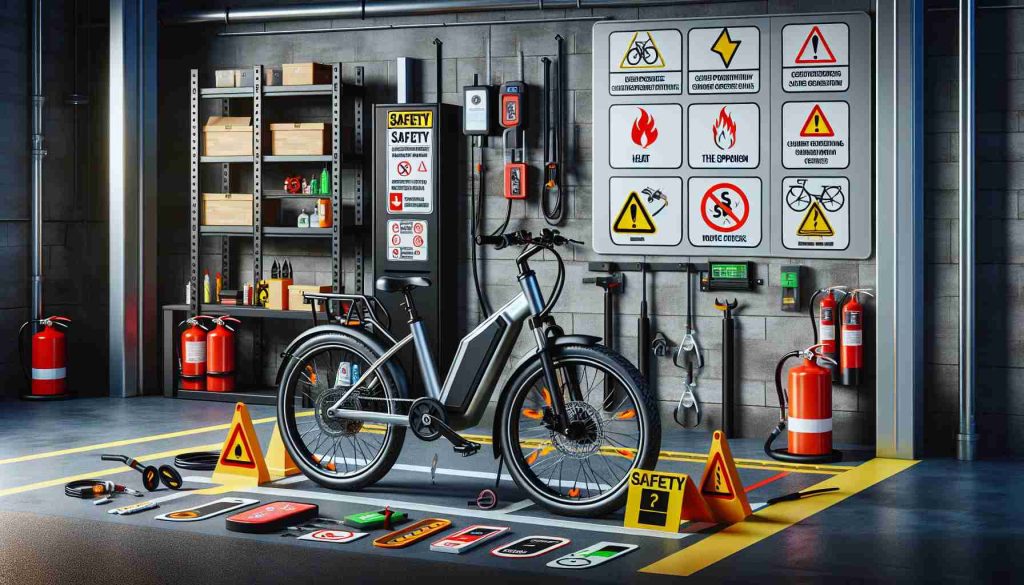 A high-definition image illustrating important safety measures for preventing electric bike fires. The image should include an electric bike in a protected setting such as a bike rack or garage, adorned with relevant safety tags or notices. There should also be a list of safety precautions nearby: for example, guidelines about charging procedure, heat exposure, safe storage and routine checks. Include some visual cues such as a fire extinguisher, caution signs, or temperature gauge symbols to emphasize the importance of safety. The style should be realistic and informative.