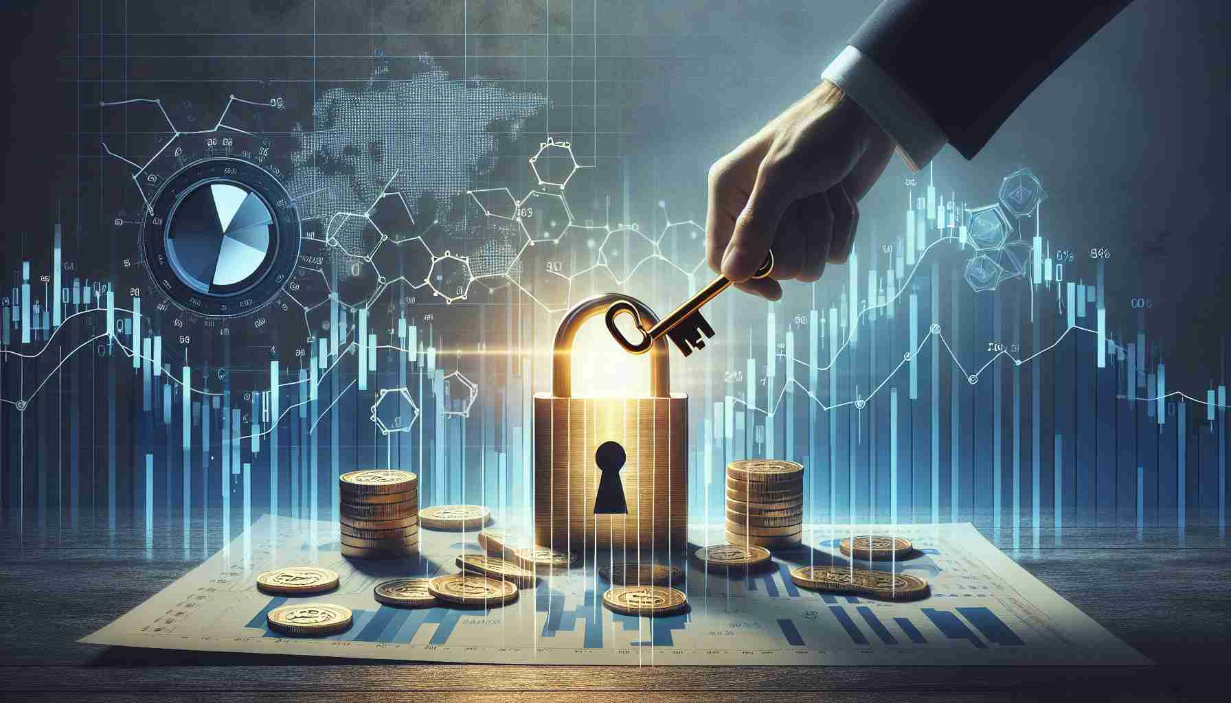 Generate a high-definition image depicting the concept of unlocking opportunity in the context of purchasing IPO stock. The scene should involve a key turning in a lock, symbolic of 'unlocking', and should display a stock market chart or graph in the background to represent the 'IPO stock'. Accompany the scene with the text 'Unlock the Opportunity: How Do I Buy IPO Stock?'