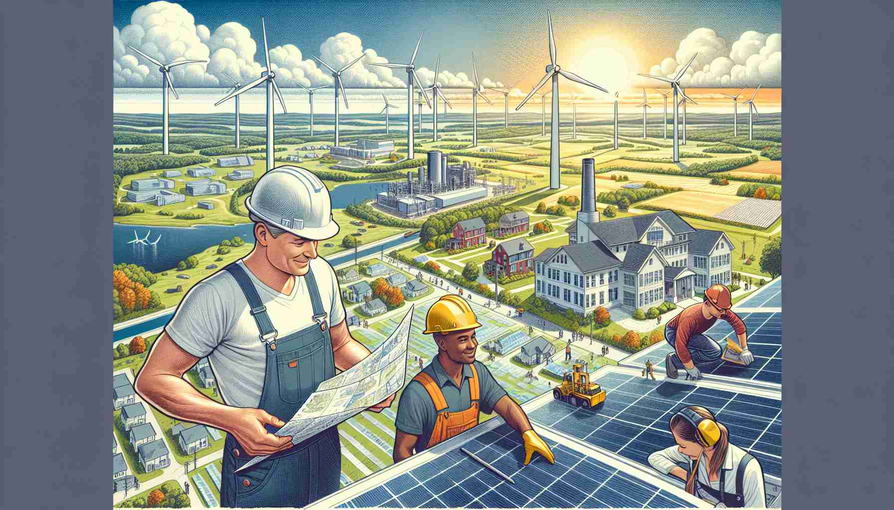 Illustrate an imagery depicting Massachusetts' strive towards a cleaner future. Picture a panorama of the state where traditional energy infrastructures like power plants are being replaced by modern, environmentally friendly alternatives such as wind turbines located in open fields and solar panels installed on rooftops. The sky is crystal clear with only a few clouds, symbolizing clean air. You may also include some people working cohesively - a middle-aged Caucasian woman in safety this gear inspecting a solar panel, a young black man operating a wind turbine, and an elderly Hispanic man looking over the blueprints of eco-friendly projects. Ensure a premium HD finish for this visionary depiction.