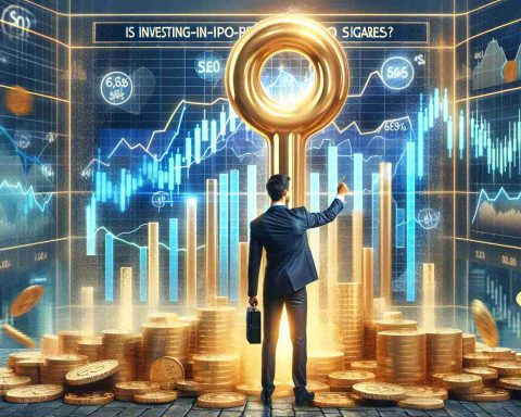 Create a realistic ultra high definition image featuring the concept of 'Is Investing in Pre-IPO Shares the Key to Unlocking Massive Profits?' Imagine a person, a Caucasian male in his 30s, in a business suit pointing at a huge screen with bar charts showing rising trends. The screen also shows different pre-IPO company logos. The background includes piles of golden coins and a large key overlaying in half transparency, symbolizing the unlocking of profits.