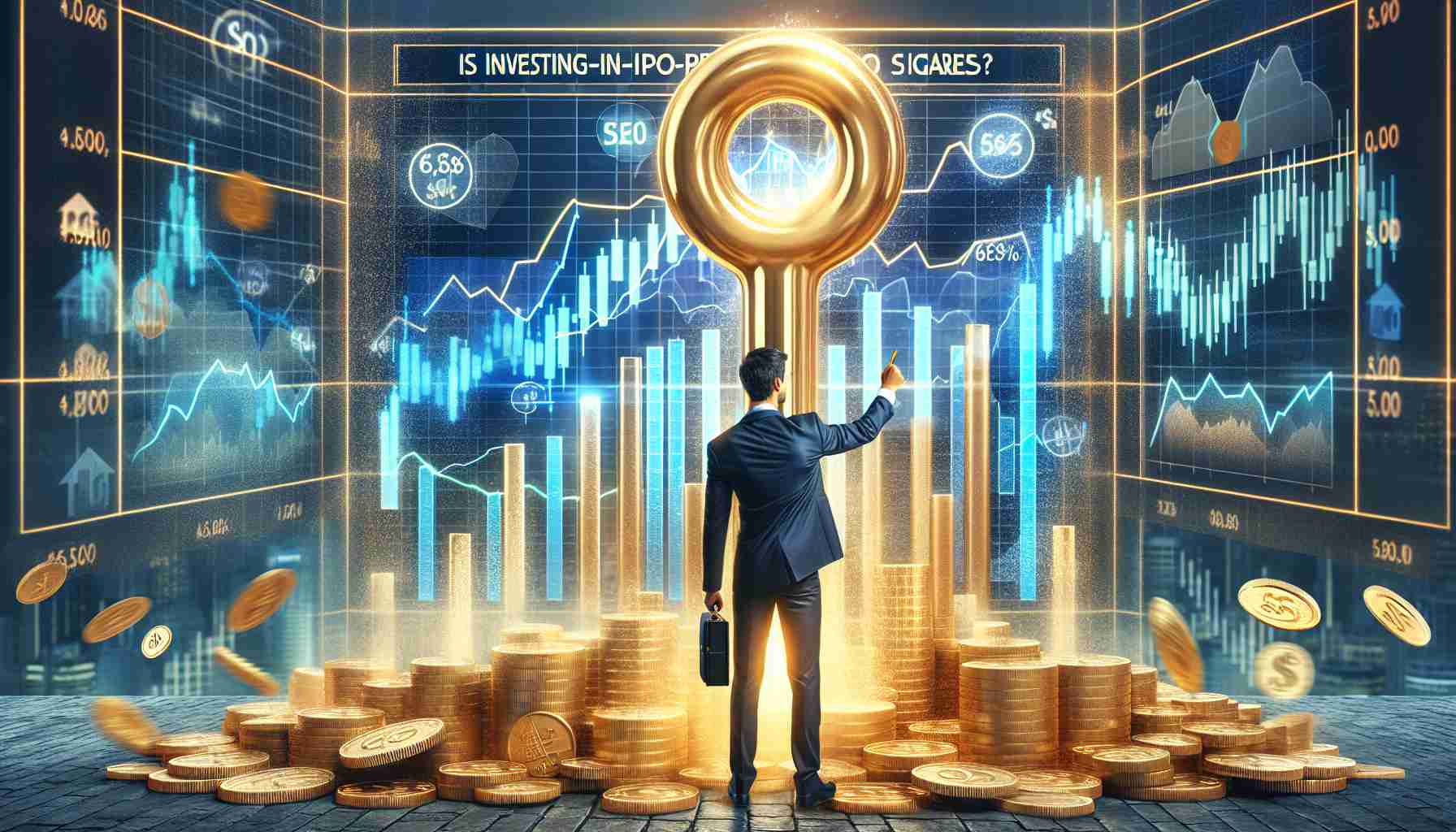 Create a realistic ultra high definition image featuring the concept of 'Is Investing in Pre-IPO Shares the Key to Unlocking Massive Profits?' Imagine a person, a Caucasian male in his 30s, in a business suit pointing at a huge screen with bar charts showing rising trends. The screen also shows different pre-IPO company logos. The background includes piles of golden coins and a large key overlaying in half transparency, symbolizing the unlocking of profits.