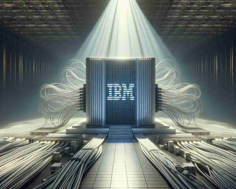 Highly detailed, realistic image depicting the concept of an abstract entity like IBM being slow to harness its full potential. This could be symbolically portrayed through an image of a grand, futuristic supercomputer with IBM's logo, situated in a vast, dimly lit room. The supercomputer is surrounded by unconnected cables, symbolizing unused potential. Ethereal beams of light casting long shadows add a sense of drama and anticipation.