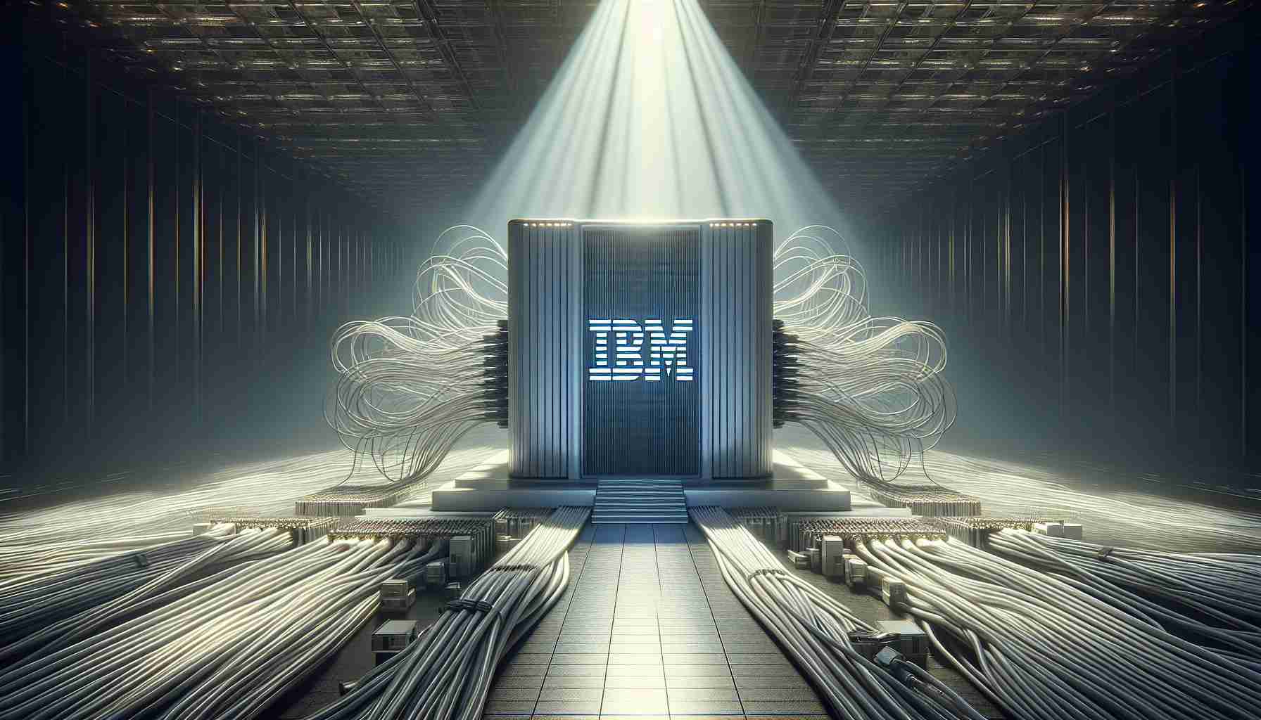 Highly detailed, realistic image depicting the concept of an abstract entity like IBM being slow to harness its full potential. This could be symbolically portrayed through an image of a grand, futuristic supercomputer with IBM's logo, situated in a vast, dimly lit room. The supercomputer is surrounded by unconnected cables, symbolizing unused potential. Ethereal beams of light casting long shadows add a sense of drama and anticipation.