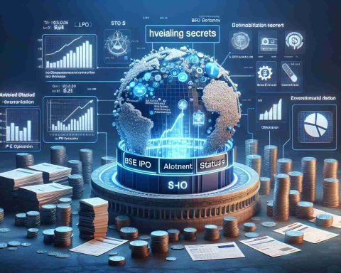 Render a realistic HD image of 'Unveiling Secrets: The BSE IPO Allotment Status.' This image should conceptualize the intricacies and critical insights every investor should know about the stock market allocation processes. Include elements like a stock exchange board, IPO application forms, and other relevant symbolic representations related to investment and finance.