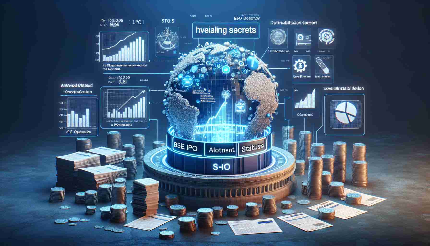 Render a realistic HD image of 'Unveiling Secrets: The BSE IPO Allotment Status.' This image should conceptualize the intricacies and critical insights every investor should know about the stock market allocation processes. Include elements like a stock exchange board, IPO application forms, and other relevant symbolic representations related to investment and finance.