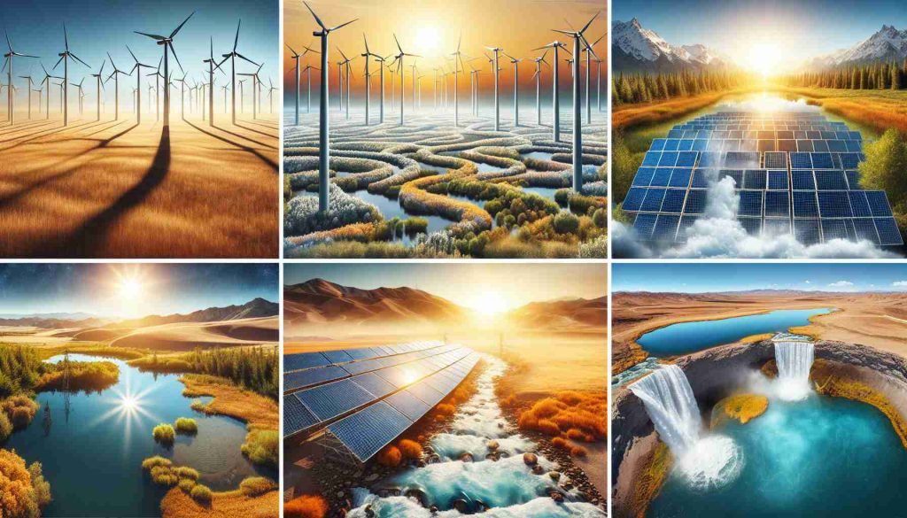 Generate a high-definition, photorealistic image that represents the concept of leveraging the power of nature through surprising renewable energy alternatives. Show this through a collage of different natural scenes depicting wind turbines in an open field, solar panels in a sunny desert, hydropower in a fast-flowing river, and geothermal energy represented by hot springs or geysers. Each scene should merge seamlessly with the next, signifying the interconnectedness of these power sources.