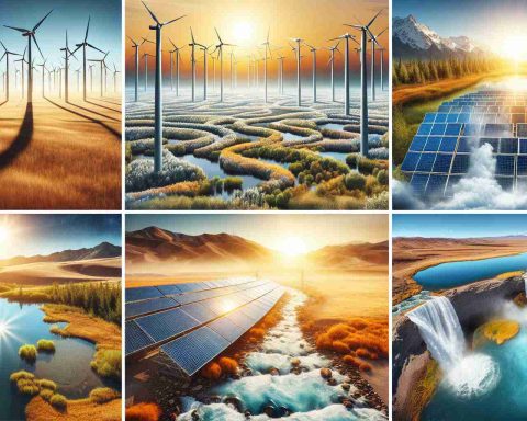 Generate a high-definition, photorealistic image that represents the concept of leveraging the power of nature through surprising renewable energy alternatives. Show this through a collage of different natural scenes depicting wind turbines in an open field, solar panels in a sunny desert, hydropower in a fast-flowing river, and geothermal energy represented by hot springs or geysers. Each scene should merge seamlessly with the next, signifying the interconnectedness of these power sources.