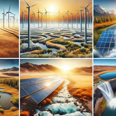 Generate a high-definition, photorealistic image that represents the concept of leveraging the power of nature through surprising renewable energy alternatives. Show this through a collage of different natural scenes depicting wind turbines in an open field, solar panels in a sunny desert, hydropower in a fast-flowing river, and geothermal energy represented by hot springs or geysers. Each scene should merge seamlessly with the next, signifying the interconnectedness of these power sources.