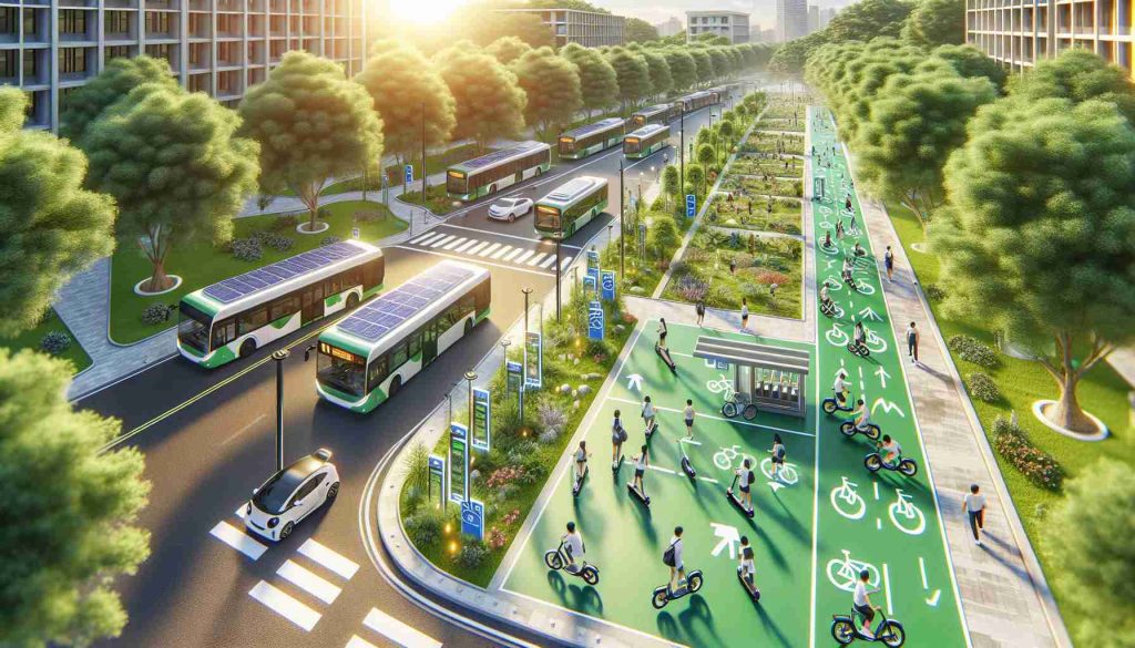 High definition, realistic image of a sustainable transportation system flourishing on a university campus. The scene includes solar-powered electric buses moving along designated bus lanes and bicycle lanes filled with students cycling. There are also electric scooter charging stations scattered throughout and pedestrian paths with students walking, all surrounded by lush greenery. To display the concept of expanding opportunities, show visible signs of future development like a construction site for a new cycle path, plan layouts for new electric bus routes, and spaces reserved for additional e-scooter stations.