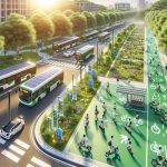 High definition, realistic image of a sustainable transportation system flourishing on a university campus. The scene includes solar-powered electric buses moving along designated bus lanes and bicycle lanes filled with students cycling. There are also electric scooter charging stations scattered throughout and pedestrian paths with students walking, all surrounded by lush greenery. To display the concept of expanding opportunities, show visible signs of future development like a construction site for a new cycle path, plan layouts for new electric bus routes, and spaces reserved for additional e-scooter stations.