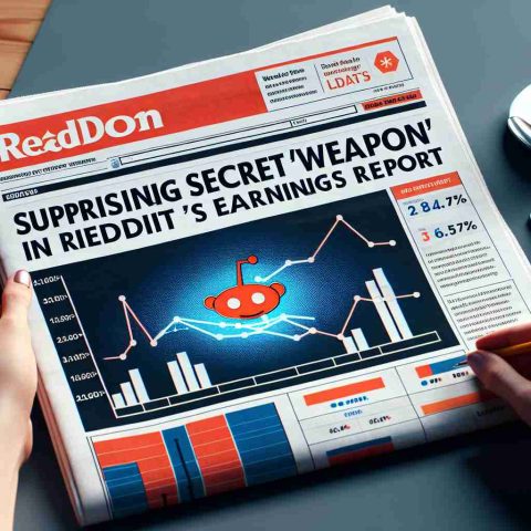 Create a high-definition, hyper-realistic image of a digital newspaper or blog revealing a surprising secret 'weapon' in Reddit's earnings report. The headline emphasizes the unexpected discovery and graphs or charts visually depict this revelation on the financial strength.