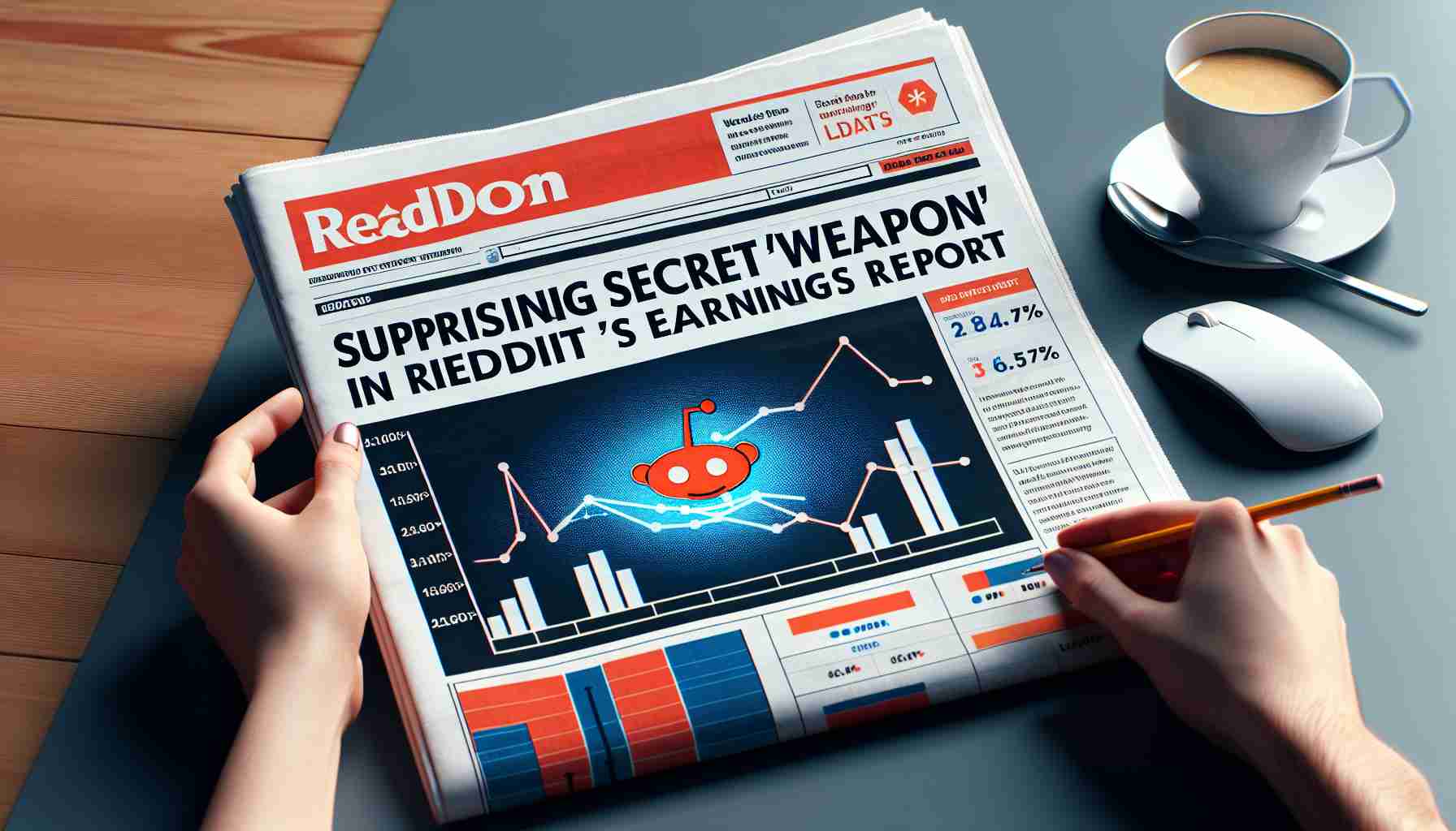 Create a high-definition, hyper-realistic image of a digital newspaper or blog revealing a surprising secret 'weapon' in Reddit's earnings report. The headline emphasizes the unexpected discovery and graphs or charts visually depict this revelation on the financial strength.