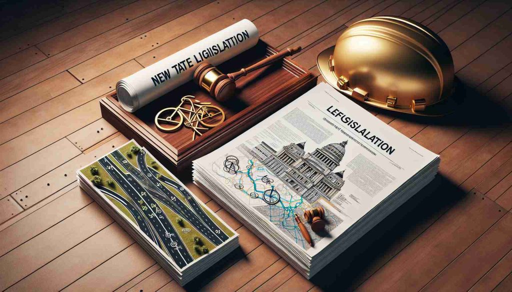 Create a realistic HD image displaying sumptuously bound documents depicting new state legislation, with prominent symbols or illustrations promoting bicycle infrastructure. The legislation should be shown on a polished hard-wood table, along with a golden gavel. On another part of the table, depict a blueprint of a city's infrastructure that visibly emphasizes cycling paths, and an engineer's helmet. Weave subtle elements of sustainable living and eco-friendliness into the artwork.