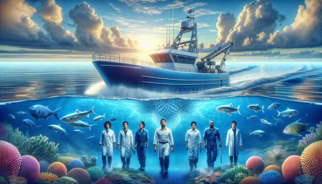 Generate a hyper-realistic, high-definition image that symbolically represents a new era of sustainable fishing. The image could depict a technologically advanced and environmentally friendly fishing boat navigating sparkling blue ocean waters, with a crew of diversely represented individuals - a middle-aged Hispanic male captain, a young South Asian female engineer, a Black male marine biologist in his thirties, and a Middle-Eastern woman who is an expert fisher in her fifties. Let there be marine life thriving around the boat, indicating a healthy ocean ecosystem. The sky should portray a beautiful sunrise, signaling a new beginning in sustainable fishing practices.