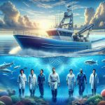 Generate a hyper-realistic, high-definition image that symbolically represents a new era of sustainable fishing. The image could depict a technologically advanced and environmentally friendly fishing boat navigating sparkling blue ocean waters, with a crew of diversely represented individuals - a middle-aged Hispanic male captain, a young South Asian female engineer, a Black male marine biologist in his thirties, and a Middle-Eastern woman who is an expert fisher in her fifties. Let there be marine life thriving around the boat, indicating a healthy ocean ecosystem. The sky should portray a beautiful sunrise, signaling a new beginning in sustainable fishing practices.