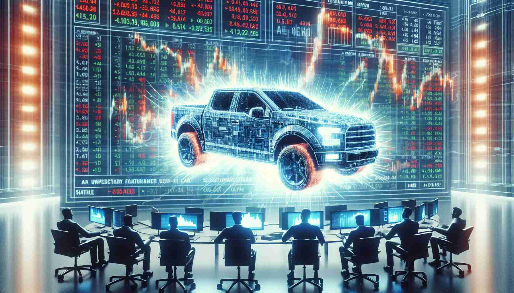 Generate a realistic high-definition representation of a sudden, unexpected turn in the stock market as visualized on a stock exchange display. Simultaneously, illustrate the excitement and surprise all over when a hypothetical car manufacturer's stock outperforms expectations. Remember to emphasize the dynamism and unpredictability of the stock market, as well as the element of surprise associated with the unexpected success of the car manufacturer.