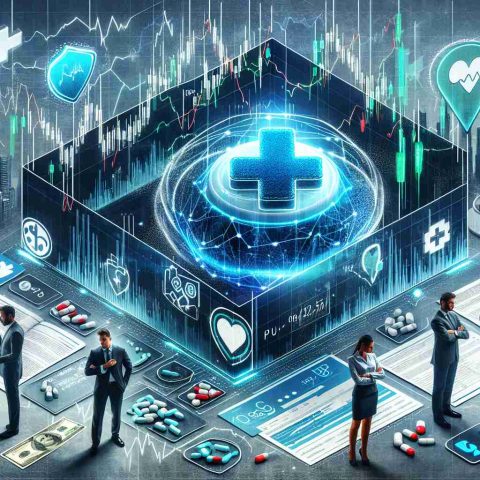 Create a realistic HD illustration representing the intrigue and complexities of an Initial Public Offering (IPO) pricing scenario for a hypothetical healthcare company. Show fluctuating graphs, financial documents, people in business attire having intense discussions. Incorporate symbolic elements like a medical plus symbol, health insurance cards, and a stock market tickers to imply the involvement of a medical company.