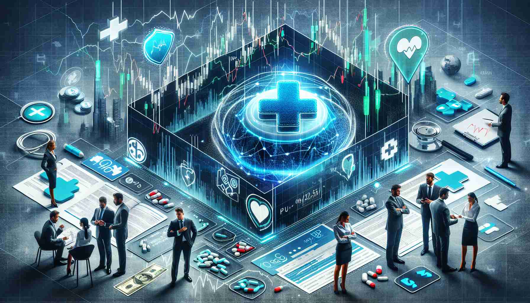 Create a realistic HD illustration representing the intrigue and complexities of an Initial Public Offering (IPO) pricing scenario for a hypothetical healthcare company. Show fluctuating graphs, financial documents, people in business attire having intense discussions. Incorporate symbolic elements like a medical plus symbol, health insurance cards, and a stock market tickers to imply the involvement of a medical company.