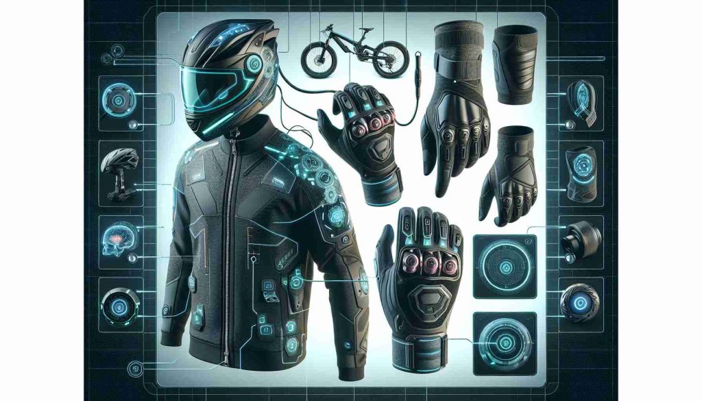 Generate a realistic, high-definition image showcasing the latest trends in electric bike safety gear. Include features such as smart helmets equipped with LED lights for increased visibility, padded jackets with built-in reflective materials for night cycling, and advanced knee and elbow protectors with shock absorption properties. Also, show a pair of tactile gloves enhancing grip on the handlebar and thermal functionalities for cold weather. Remember to incorporate designs that are not only safety-centric but also stylish and modern, capturing the growing demand for safety gear that doubles as fashionable accessories.