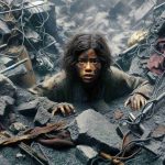 A highly detailed, realistic image portraying a scene of incredible survival. There is a young Hispanic girl, appearing disheveled but unharmed, emerging from beneath a sea of rubble and wreckage. The setting around her is indicative of some catastrophic event, but signs of life around are also evident. The expression on her face is one of resilience and determination, a clear indication of the miracle of her survival against all odds.