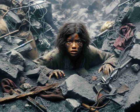 A highly detailed, realistic image portraying a scene of incredible survival. There is a young Hispanic girl, appearing disheveled but unharmed, emerging from beneath a sea of rubble and wreckage. The setting around her is indicative of some catastrophic event, but signs of life around are also evident. The expression on her face is one of resilience and determination, a clear indication of the miracle of her survival against all odds.