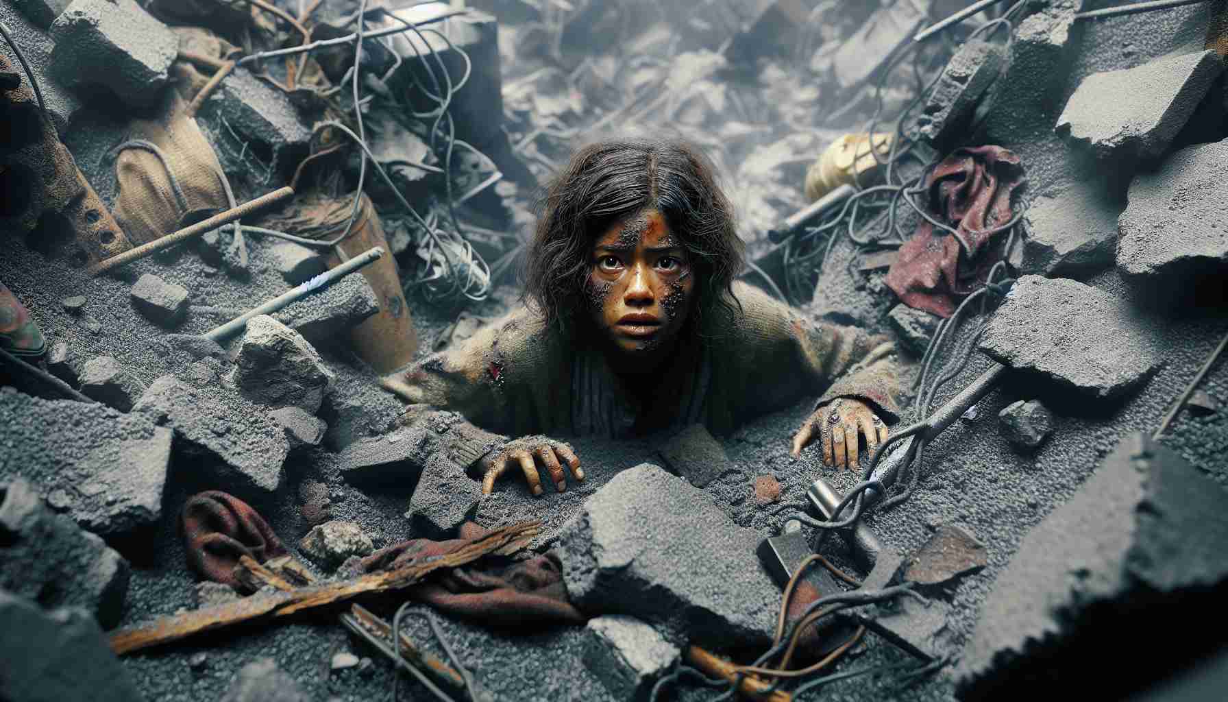 A highly detailed, realistic image portraying a scene of incredible survival. There is a young Hispanic girl, appearing disheveled but unharmed, emerging from beneath a sea of rubble and wreckage. The setting around her is indicative of some catastrophic event, but signs of life around are also evident. The expression on her face is one of resilience and determination, a clear indication of the miracle of her survival against all odds.