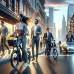 Render a hyper-realistic, high-definition image displaying an emerging scenario in an urban setting. Focus on movement and innovation, featuring a diverse mix of individuals. A Caucasian woman in her mid-thirties is riding a state-of-the-art electric bicycle confidently, while a South Asian man in his early twenties is looking with excitement at a corner bicycle shop showcasing an array of electric bikes. Meanwhile, a Hispanic man in business attire is commuting to work on an electric bike. The sky is painted with shades of early morning hues, hinting at a new dawn of urban mobility.