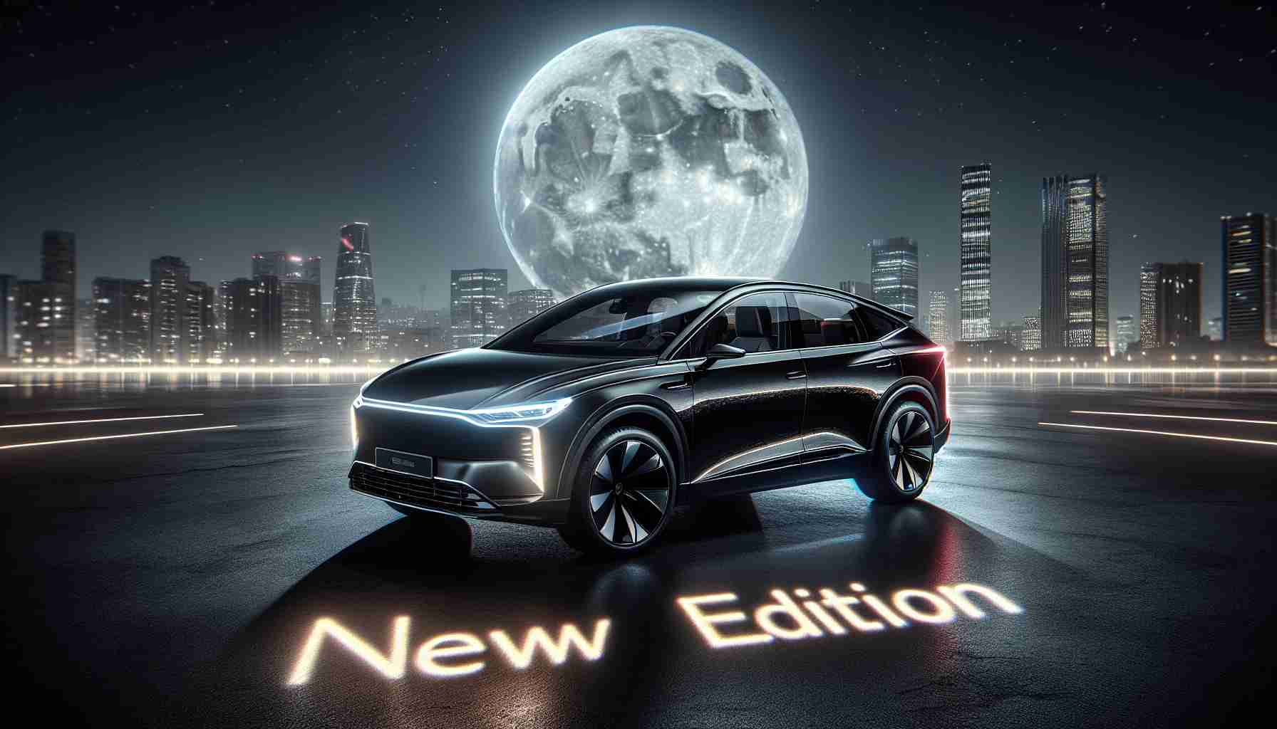 A high-quality, realistic image of a new edition vehicle, highlighted under the moonlight. The automobile is sleek and elegant, flaunting a glossy black finish that gleams with reflected moonlight. Its design features an integration of modern technological elements, sleek contours, and a state-of-the-art interior that merges luxury with function. In the background, the dimly lit city under the midnight sky paints an aesthetic contrast against the classy vehicle.