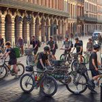 An ultra high-resolution, photorealistic image showing a variety of cyclists in Toulouse, France, expressing their individuality through unique customizations to their bicycles. The scene captures individuals from diverse descent such as Asian, Caucasian, and Hispanic, showcasing a variety of genders. Some bikes may exhibit flamboyant paintwork, while others may be adorned with personal mementos, stylish accessories, or cutting-edge tech gadgets. The charm of Toulouse's cobblestone streets and traditional architecture acts as a fitting backdrop.