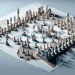 Render a realistic high-definition image depicting an abstract concept of a power struggle within a non-specified political group, conceptualized by a metaphorical chess game on a map, following the unexpected passing of a key figure.