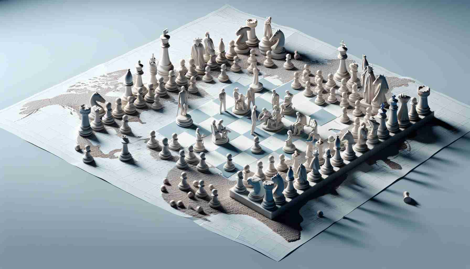 Render a realistic high-definition image depicting an abstract concept of a power struggle within a non-specified political group, conceptualized by a metaphorical chess game on a map, following the unexpected passing of a key figure.