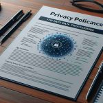 An in-focus, realistic, high-definition image of a document titled 'Privacy Policy Compliance for User Data Processing'. It should appear professional, perhaps on a wooden desk. The document should exhibit legal terms and conditions pertaining to privacy, data collection, and data processing practices.