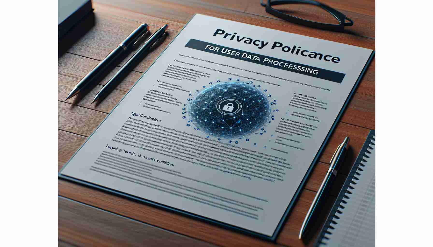 An in-focus, realistic, high-definition image of a document titled 'Privacy Policy Compliance for User Data Processing'. It should appear professional, perhaps on a wooden desk. The document should exhibit legal terms and conditions pertaining to privacy, data collection, and data processing practices.