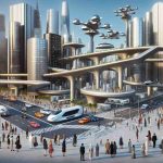 Visualize a high-definition, realistic picture of what the future of urban air mobility might look like. Possible inclusions could be elevated highways in the sky, vehicles with futuristic designs capable of vertical take-off and landing, and traffic management systems for these vehicles. Buildings might have landing pads on their rooftops, and underground tunnels might serve as maintenance and storage facilities. People of varying genders and descents - Caucasian, Hispanic, Black, Middle-Eastern, South Asian, and White - are seen commuting and orchestrating these modern transportation systems.