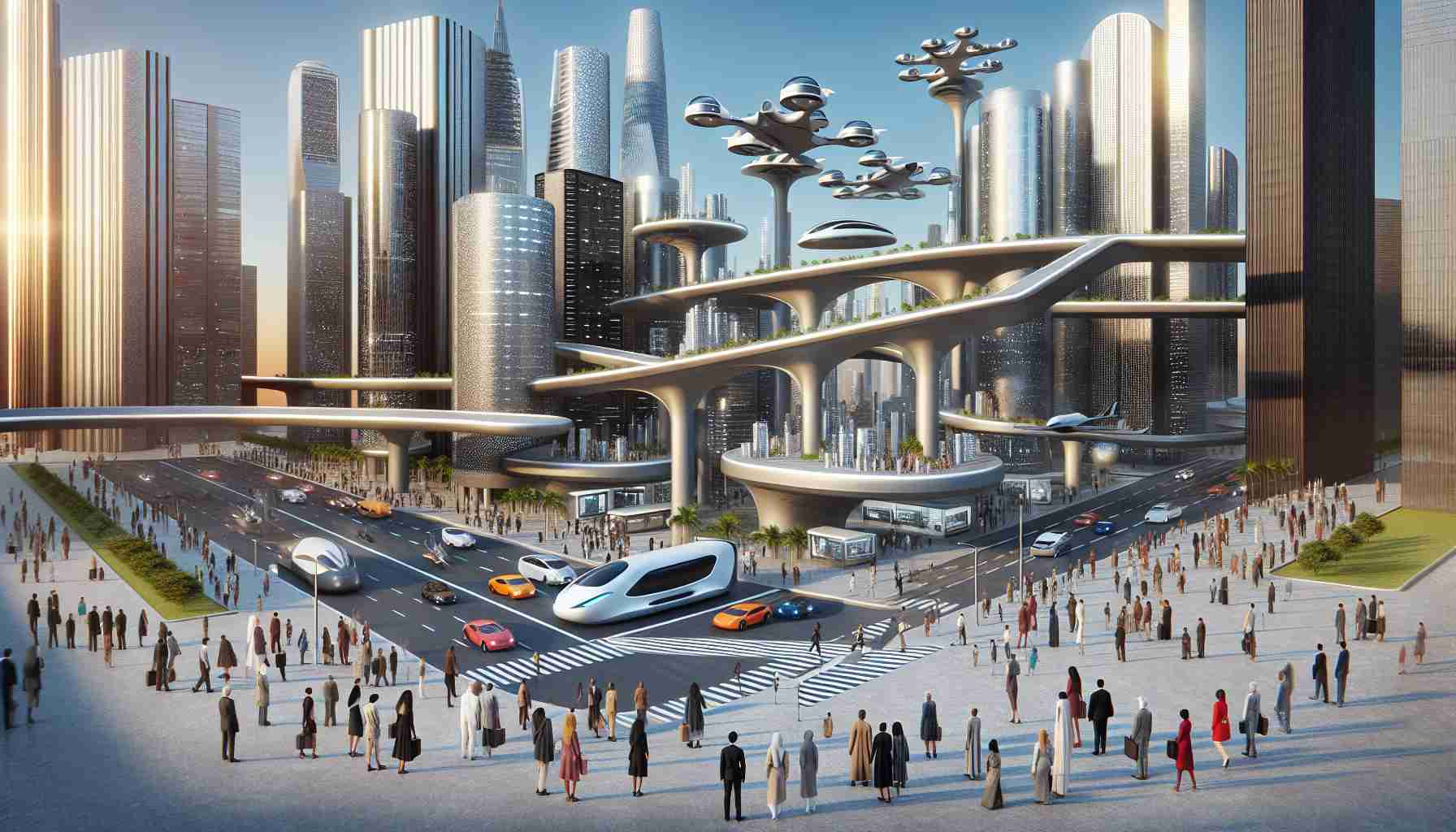 Visualize a high-definition, realistic picture of what the future of urban air mobility might look like. Possible inclusions could be elevated highways in the sky, vehicles with futuristic designs capable of vertical take-off and landing, and traffic management systems for these vehicles. Buildings might have landing pads on their rooftops, and underground tunnels might serve as maintenance and storage facilities. People of varying genders and descents - Caucasian, Hispanic, Black, Middle-Eastern, South Asian, and White - are seen commuting and orchestrating these modern transportation systems.