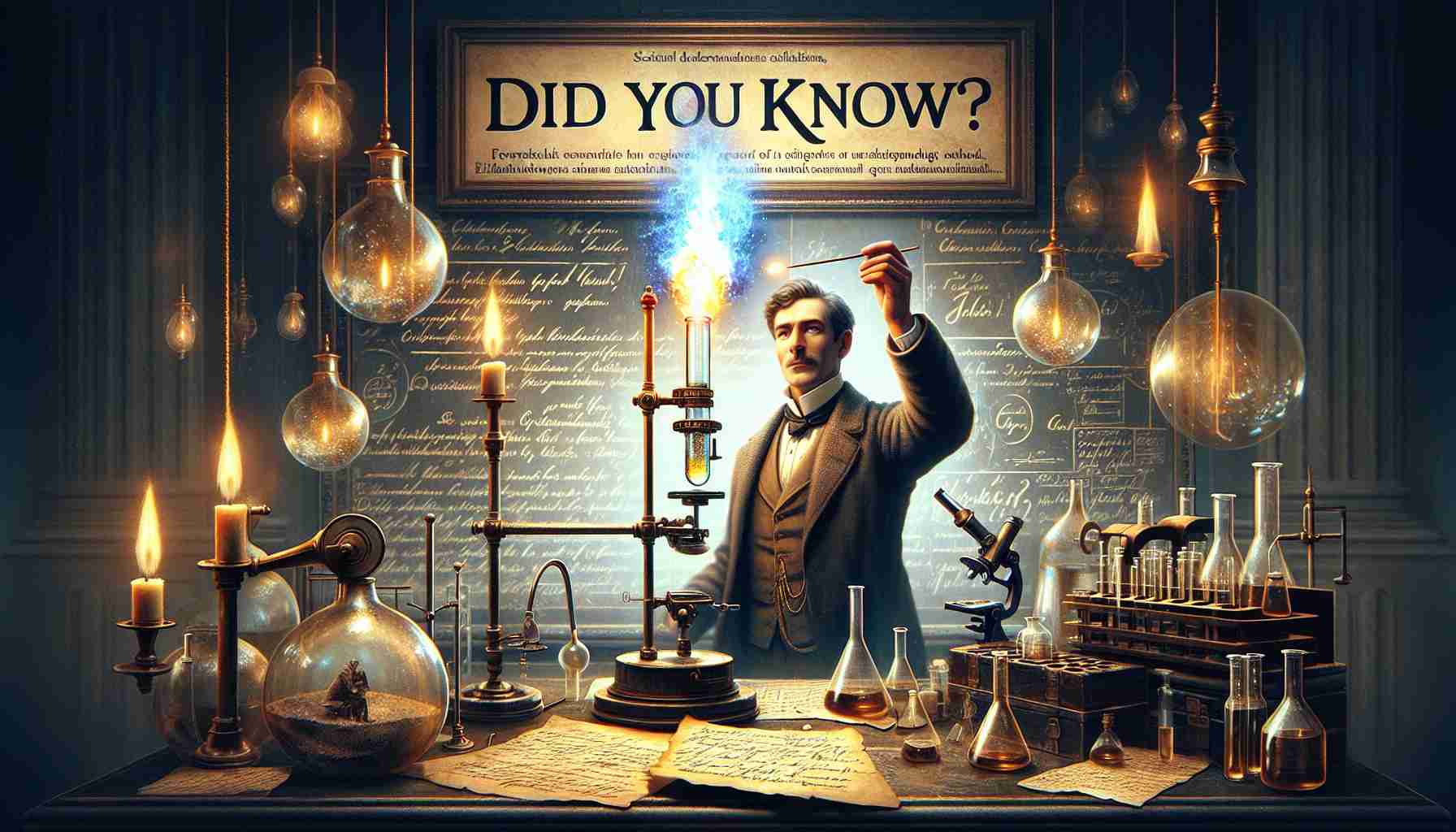 Create an image that depicts the discovery of the element Hydrogen, forever altering the course of scientific understanding. The image should have a large banner at the top which reads 'Did You Know?' The scene is a 19th-century science lab with a Caucasian male scientist observing a gas in a test tube with a flame that burns bright and blue, symbolizing the presence of Hydrogen. The surrounding scene is filled with vintage scientific equipment like microscopes, glass containers, and parchment papers filled with scribbled notes all around. The image should exemplify a pivotal moment in the history of science in high definition, realistic detail.