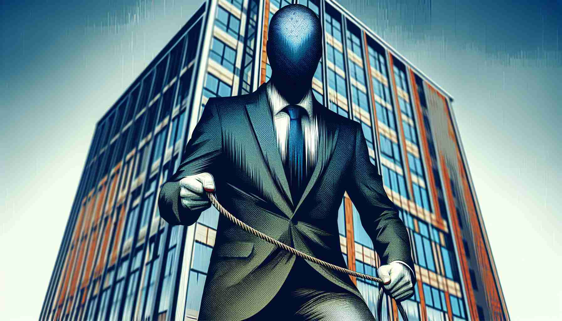 Image of an abstract person in a professional business outfit, perhaps a suit and tie, gesturing as if pulling reins while standing in front of a large office building with a sign that reads 'MEG Energy'. The person's face shrouded in mystery, giving a feeling of suspense and surprise.