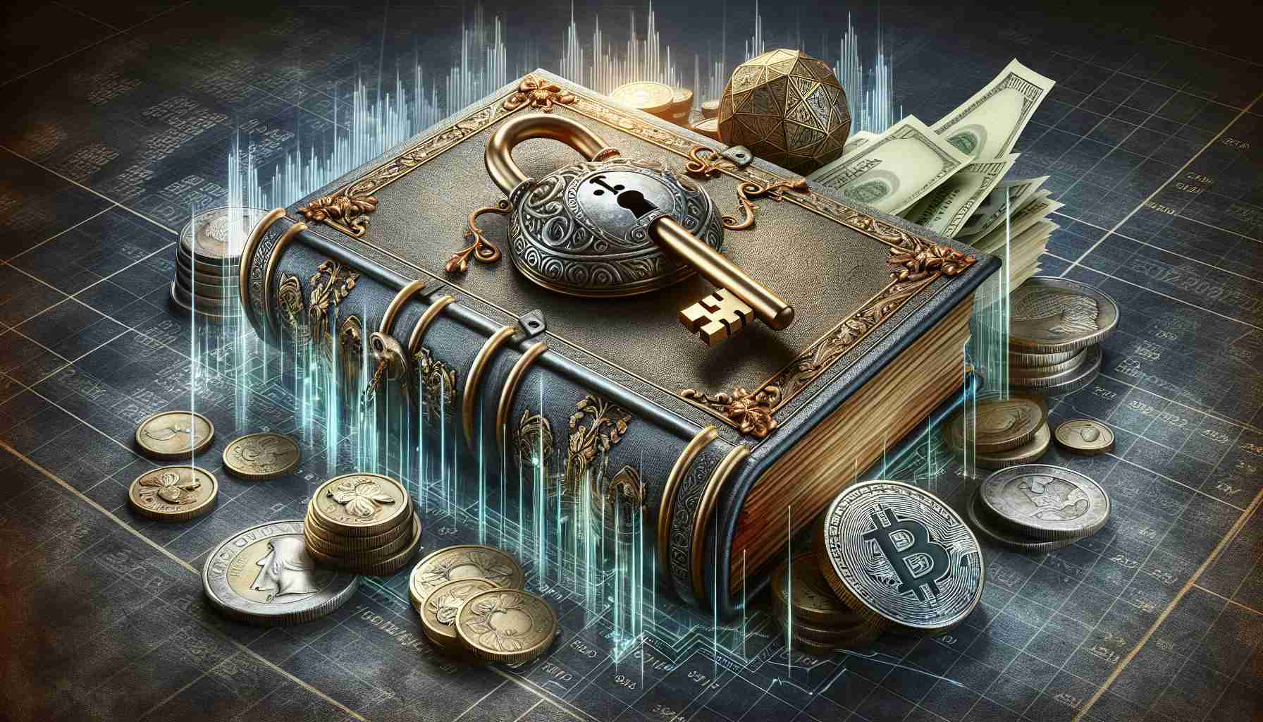 A detailed, high-definition image portraying the concept of 'Unlock the Mystery of an investment process'. The image should include elements, such as an old-fashioned, ornate key unlocking a large, ornamental lock. The lock can be depicted to be on a massive book titled 'Investment Secrets'. There are multiple coins and currency notes scattered around, representing the financial theme. All these elements should be set against an abstract background of a stock market chart, further emphasizing the concept of investment. The aesthetics of the image should ensure every element looks realistic.