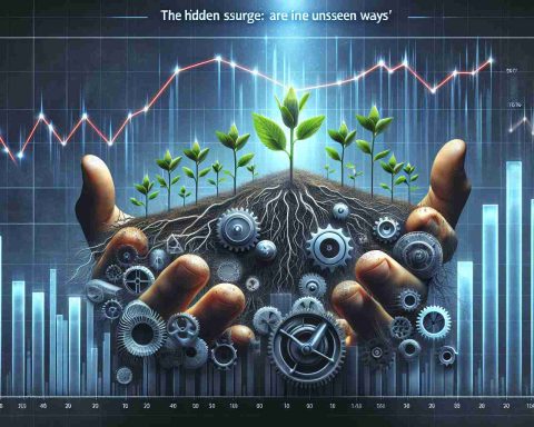 A high-definition, photorealistic image representing the concept 'The Hidden Surge: Startups Are Thriving in Unseen Ways'. This could include various elements such as startups operating in remote locations, online platforms showcasing spikes in activity, and unseen hands nurturing sapling plants (symbolizing startups) or graphs showing upward trends. Elements such as gears, cogs and other machinery could be lurking in the shadows indicating unseen forces propelling startup growth.